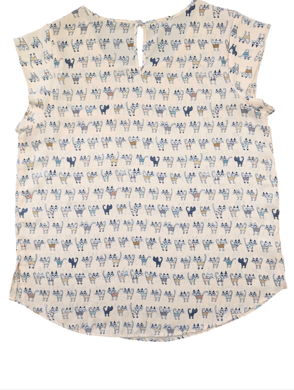 S.R. by Sweet Rain Silky Poly Cat Print Top. Cream with Multicolor Cats. Large.